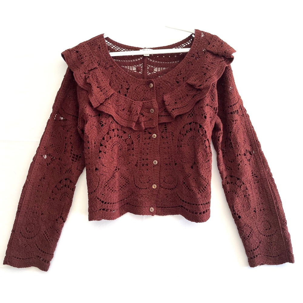 Ultra Pink Crochet Lace Ruffle Cardigan - Burgundy Boho Knit Top - XL Coquette